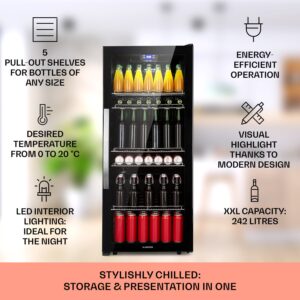 Klarstein Beersafe 7XL, chladnička, 242 l, 5 políc, panoramatické sklenené dvere, nehrdzavejúca oceľ