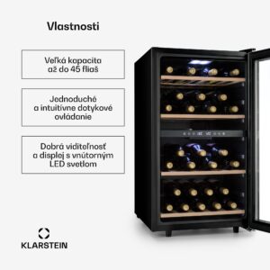 Klarstein Vinamour 45D, vinotéka, 118 l, 45 fliaš, 5–18°C, 2 zóny, nehrdzavejúca oceľ