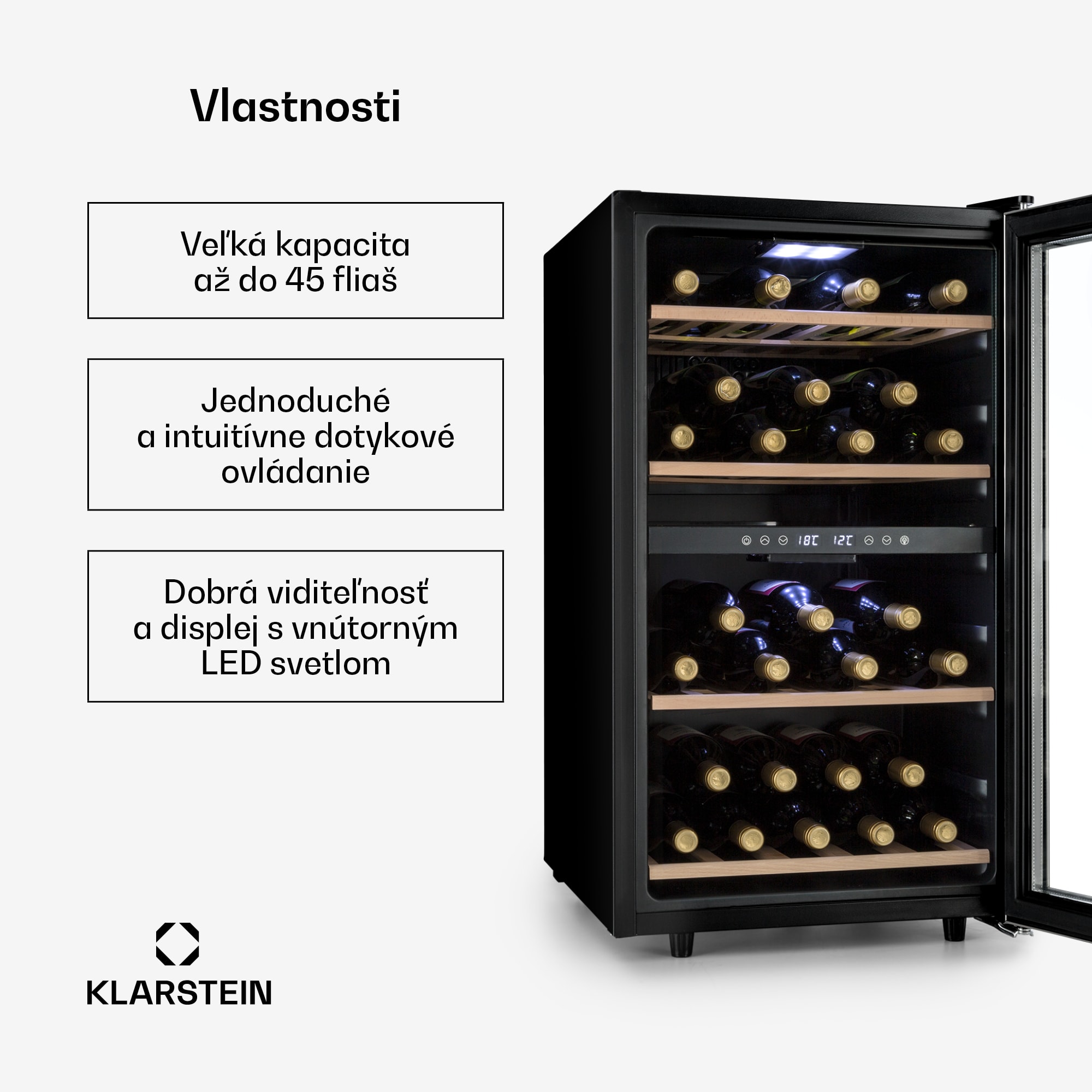 Klarstein Vinamour 45D, vinotéka, 118 l, 45 fliaš, 5–18°C, 2 zóny, nehrdzavejúca oceľ