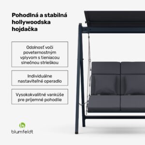 Blumfeldt FlexiSwing, hollywoodska hojdačka, 2-miestna, nastaviteľné operadlo, slnečná strieška, odolná voči poveternostným vplyvom