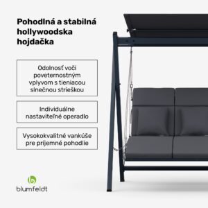 Blumfeldt FlexiSwing, hollywoodska hojdačka, 3-miestna, nastaviteľné operadlo, slnečná strieška, odolná voči poveternostným vplyvom