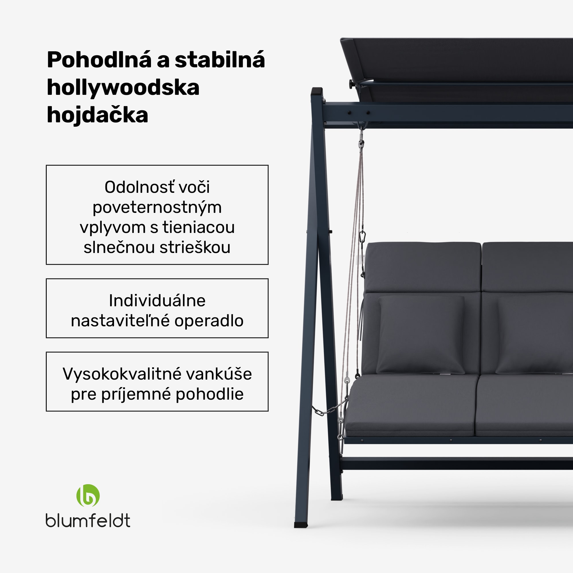 Blumfeldt FlexiSwing, hollywoodska hojdačka, 3-miestna, nastaviteľné operadlo, slnečná strieška, odolná voči poveternostným vplyvom