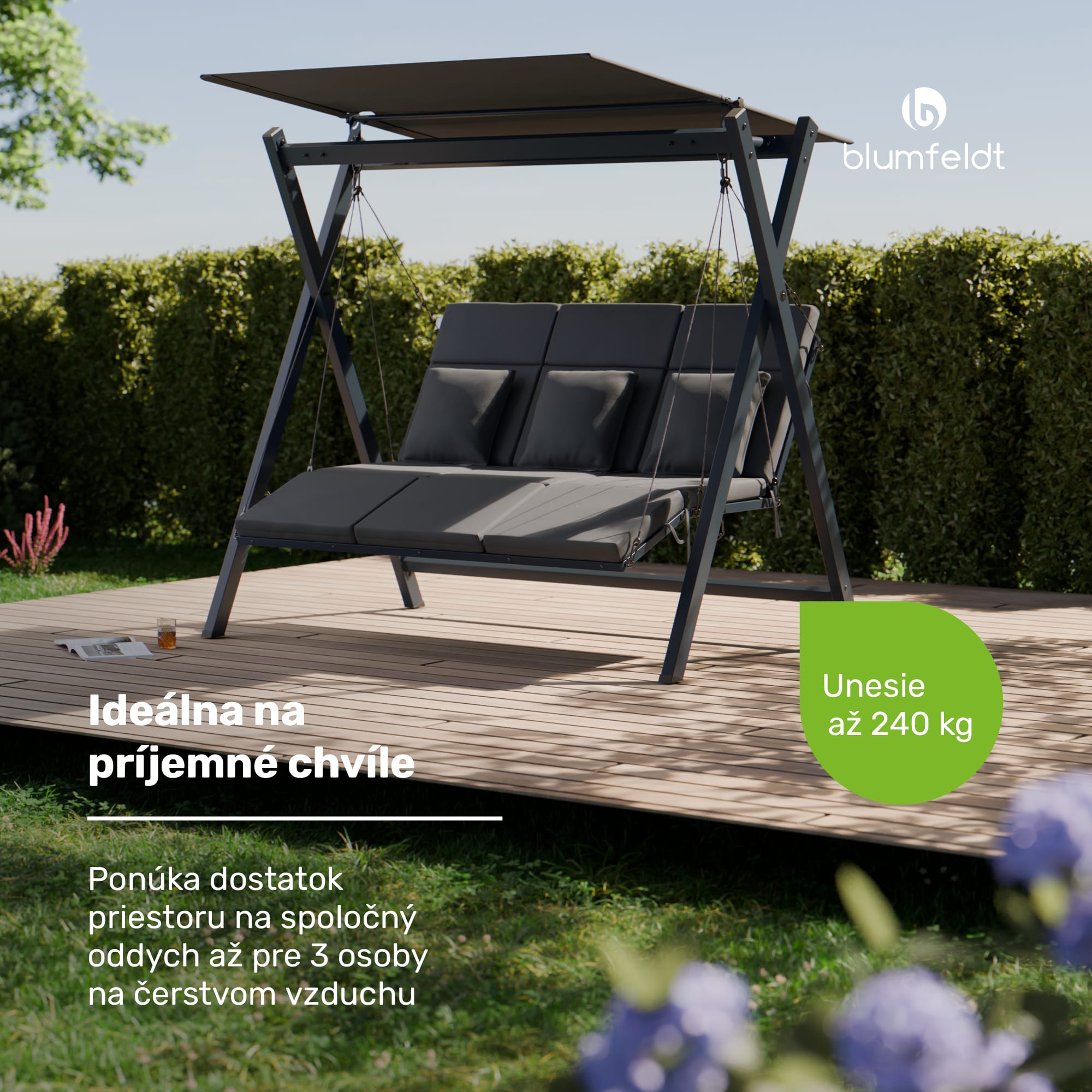 Blumfeldt FlexiSwing, hollywoodska hojdačka, 3-miestna, nastaviteľné operadlo, slnečná strieška, odolná voči poveternostným vplyvom – Obrázok 2