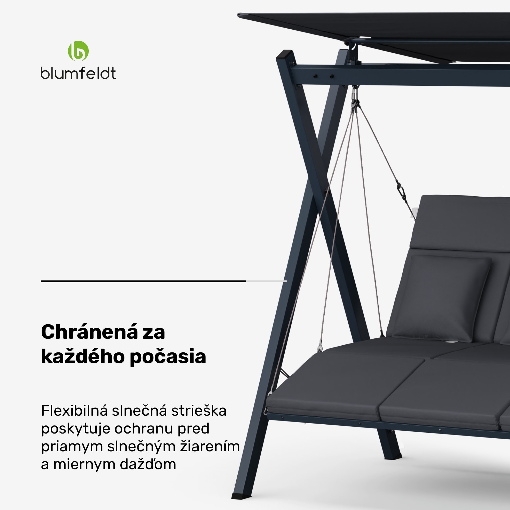 Blumfeldt FlexiSwing, hollywoodska hojdačka, 3-miestna, nastaviteľné operadlo, slnečná strieška, odolná voči poveternostným vplyvom – Obrázok 3