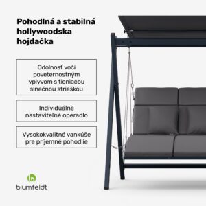 Blumfeldt FlexiSwing, hollywoodska hojdačka, 4-miestna, nastaviteľné operadlo, slnečná strieška, odolná voči poveternostným vplyvom