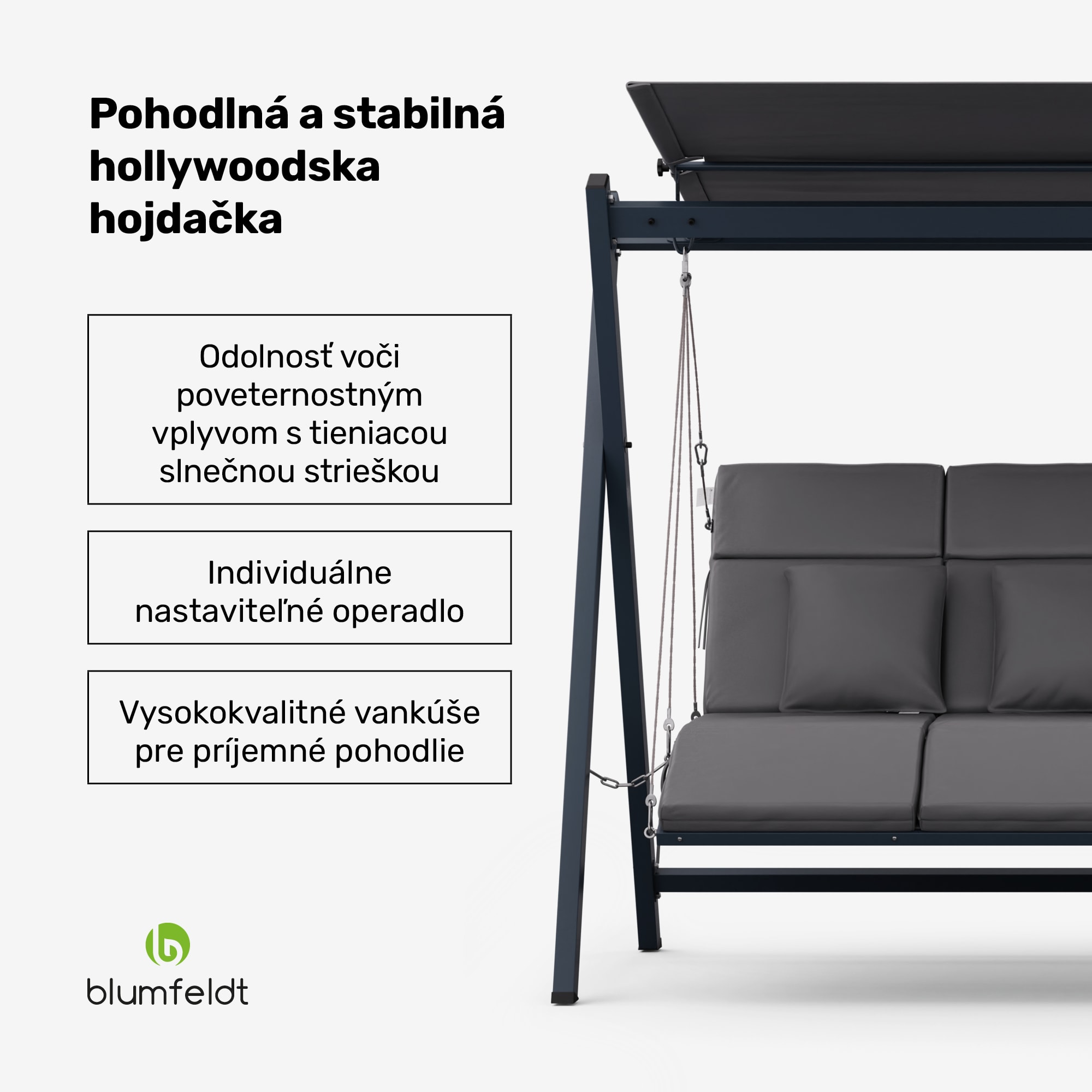 Blumfeldt FlexiSwing, hollywoodska hojdačka, 4-miestna, nastaviteľné operadlo, slnečná strieška, odolná voči poveternostným vplyvom