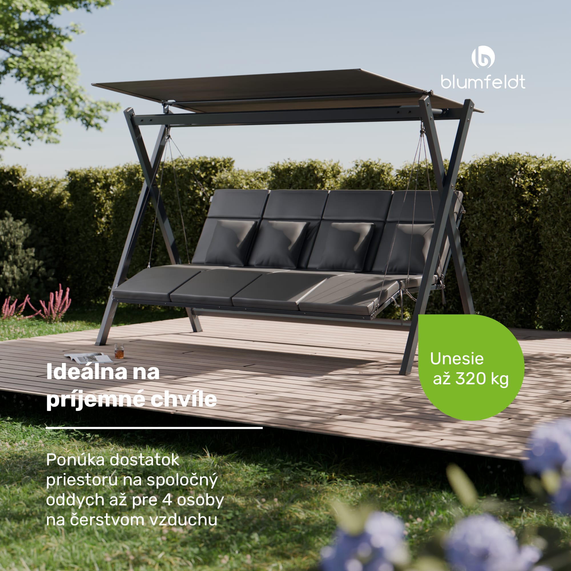 Blumfeldt FlexiSwing, hollywoodska hojdačka, 4-miestna, nastaviteľné operadlo, slnečná strieška, odolná voči poveternostným vplyvom – Obrázok 2
