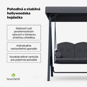 Blumfeldt GranSway, hollywoodska hojdačka, 3-miestna, individuálne nastaviteľná, oceľ s práškovou povrchovou úpravou, odolná voči poveternostným vplyvom