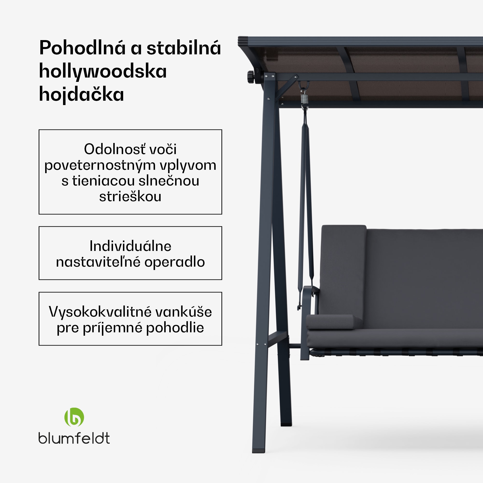 Blumfeldt LuxeLounge, hollywoodska hojdačka, 3-miestna, individuálne nastaviteľná, oceľ s práškovou povrchovou úpravou, odolná voči poveternostným vplyvom
