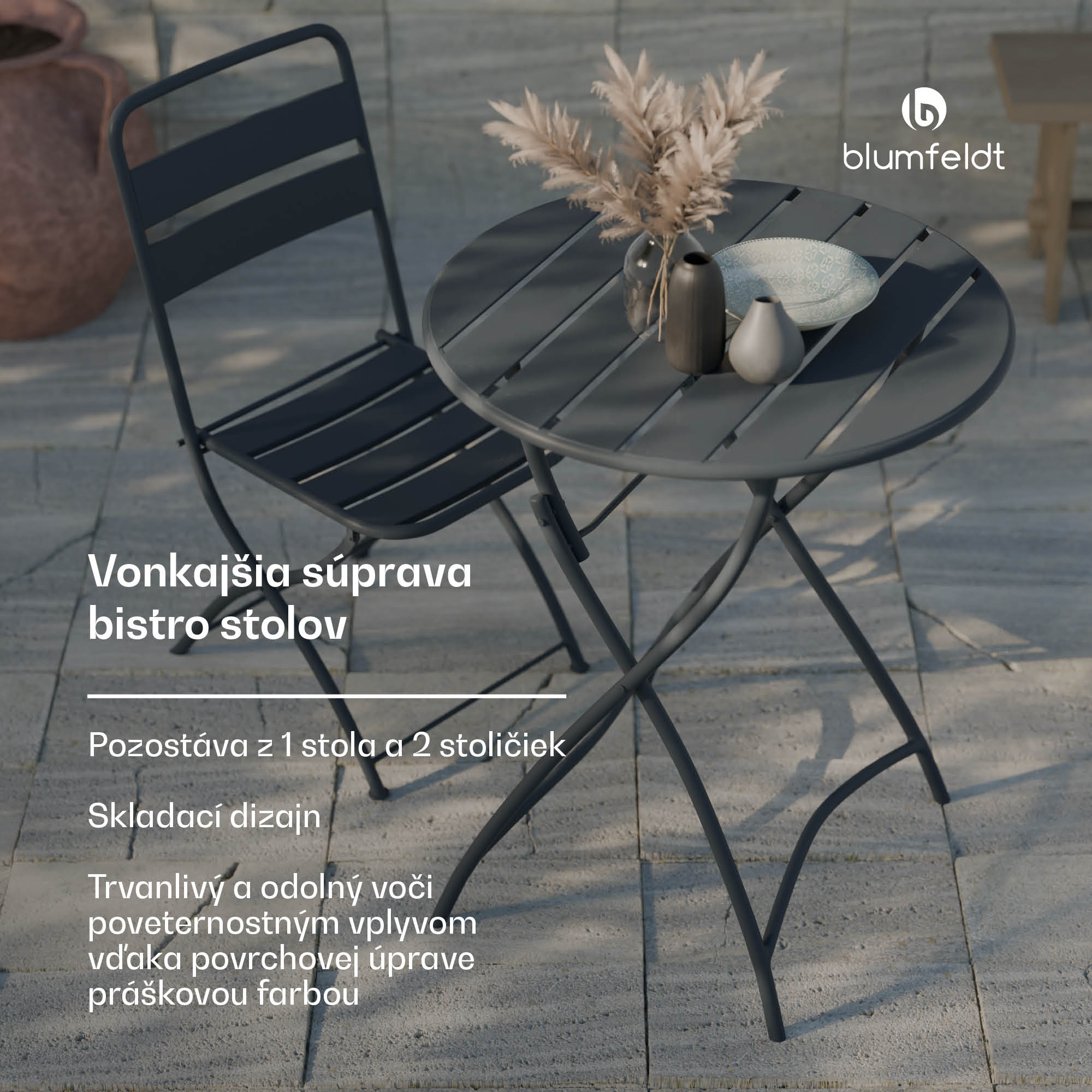 Blumfeldt RetroChic záhradný set, 1 stôl + 2 stoličky, 60 cm, skladacie, potiahnutý, odolný voči poveternostným vplyvom