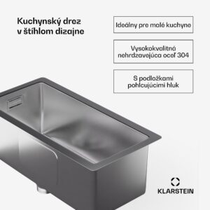Klarstein TitanSteel Kuchynský drez 45 x 23 cm (DxŠ) s povrchom odolný voči hrdzi, poškriabaniu a teplu
