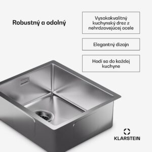 Klarstein TitanSteel Kuchynský drez 45 x 39 cm (DxŠ) s povrchom odolný voči hrdzi, poškriabaniu a teplu