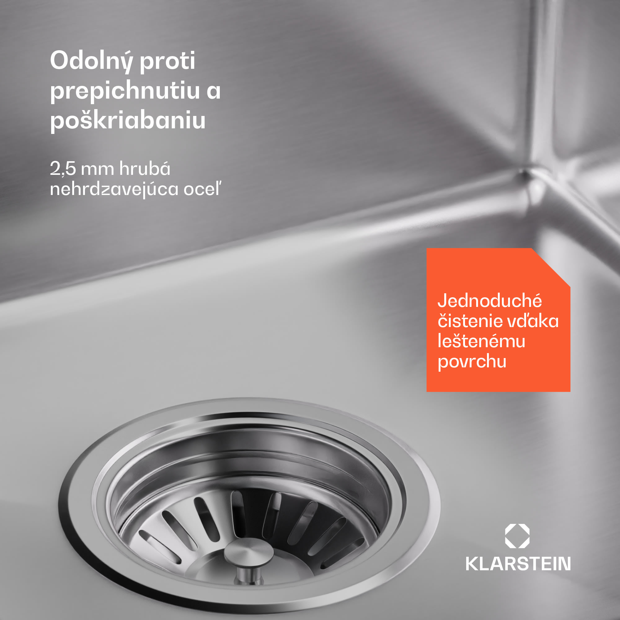 Klarstein TitanSteel Kuchynský drez 45 x 39 cm (DxŠ) s povrchom odolný voči hrdzi, poškriabaniu a teplu – Obrázok 3