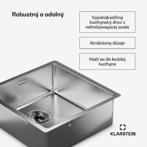Klarstein TitanSteel Kuchynský drez 45 x 45 cm (DxŠ) s povrchom odolný voči hrdzi, poškriabaniu a teplu