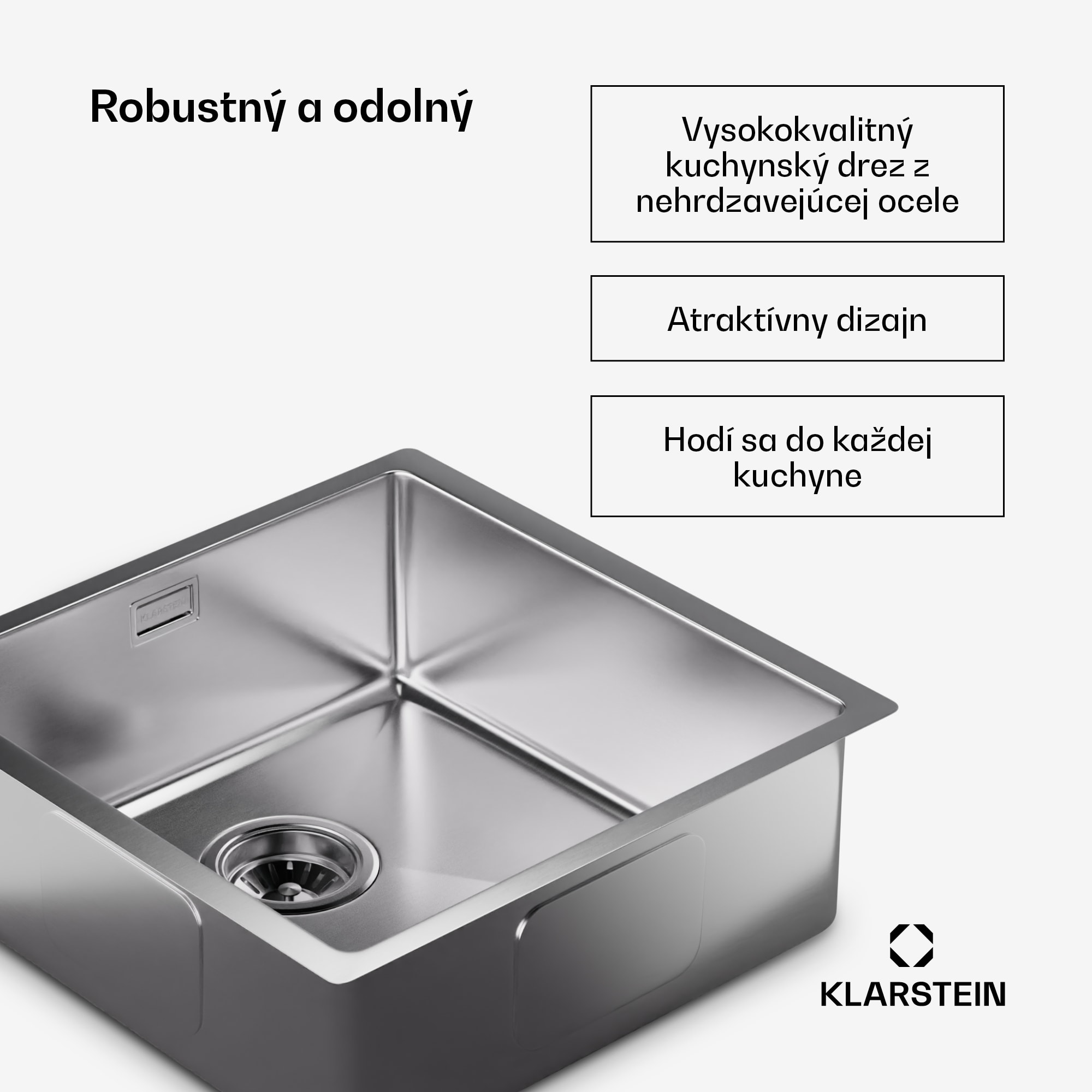 Klarstein TitanSteel Kuchynský drez 45 x 45 cm (DxŠ) s povrchom odolný voči hrdzi, poškriabaniu a teplu