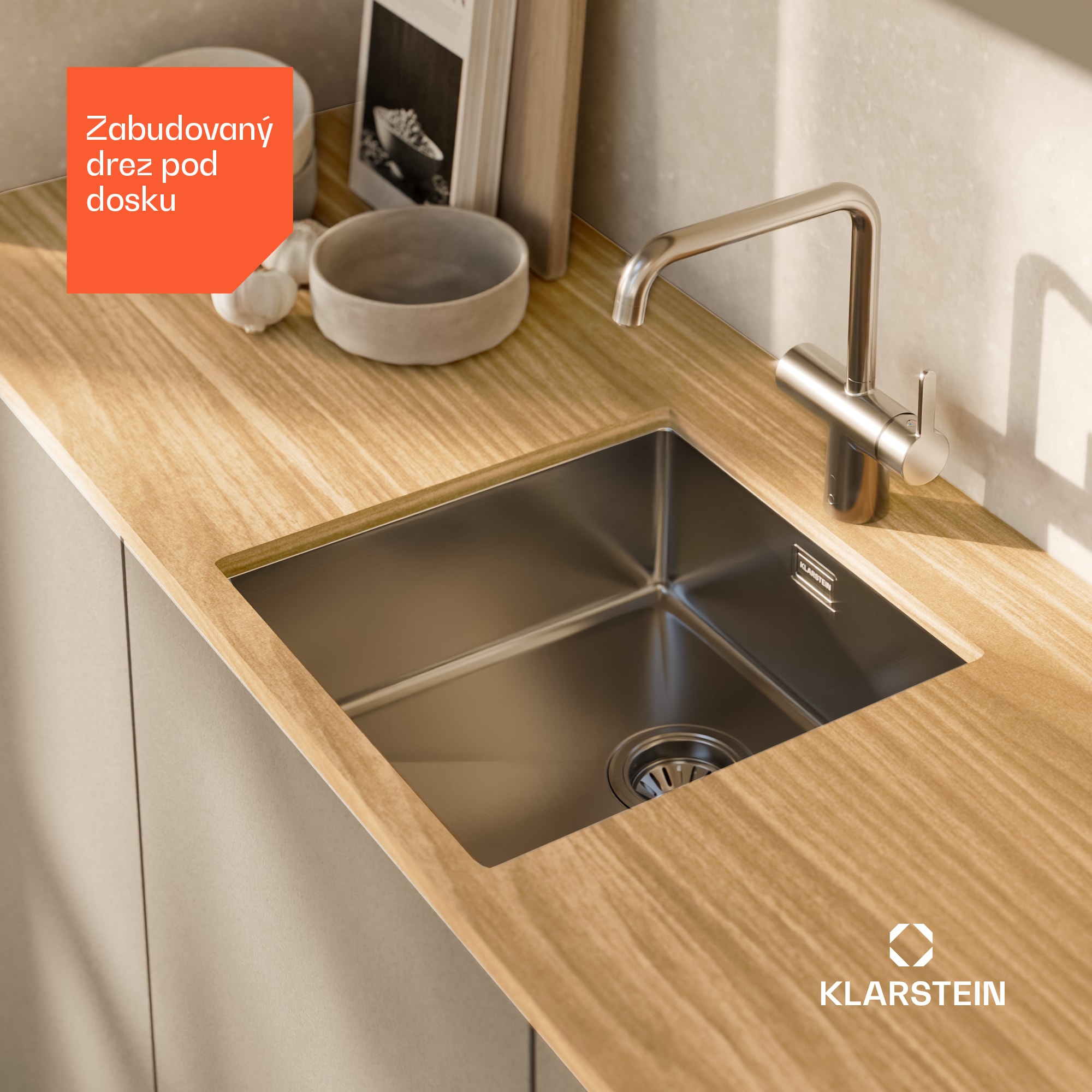 Klarstein TitanSteel Kuchynský drez 45 x 45 cm (DxŠ) s povrchom odolný voči hrdzi, poškriabaniu a teplu – Obrázok 2