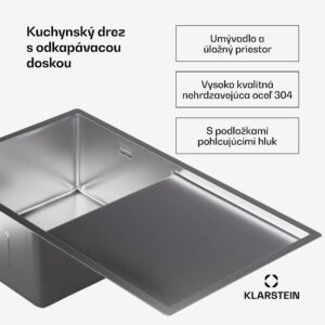 Klarstein TitanSteel kuchynský drez s odkvapkávačom, 79 x 44 cm, nehrdzavejúca oceľ, odolný voči poškriabaniu, odolný voči teplu
