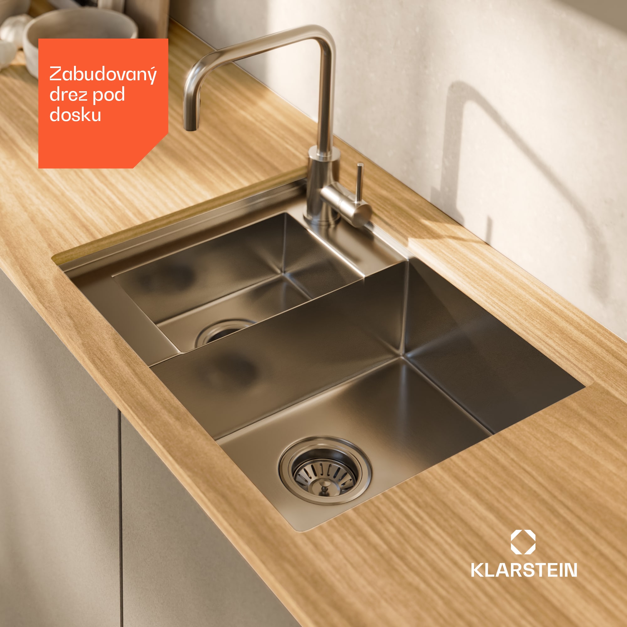 Klarstein TitanSteel kuchynský drez, 61 x 50 cm, 2 umývadlá, nehrdzavejúca oceľ, žiaruvzdorný – Obrázok 2