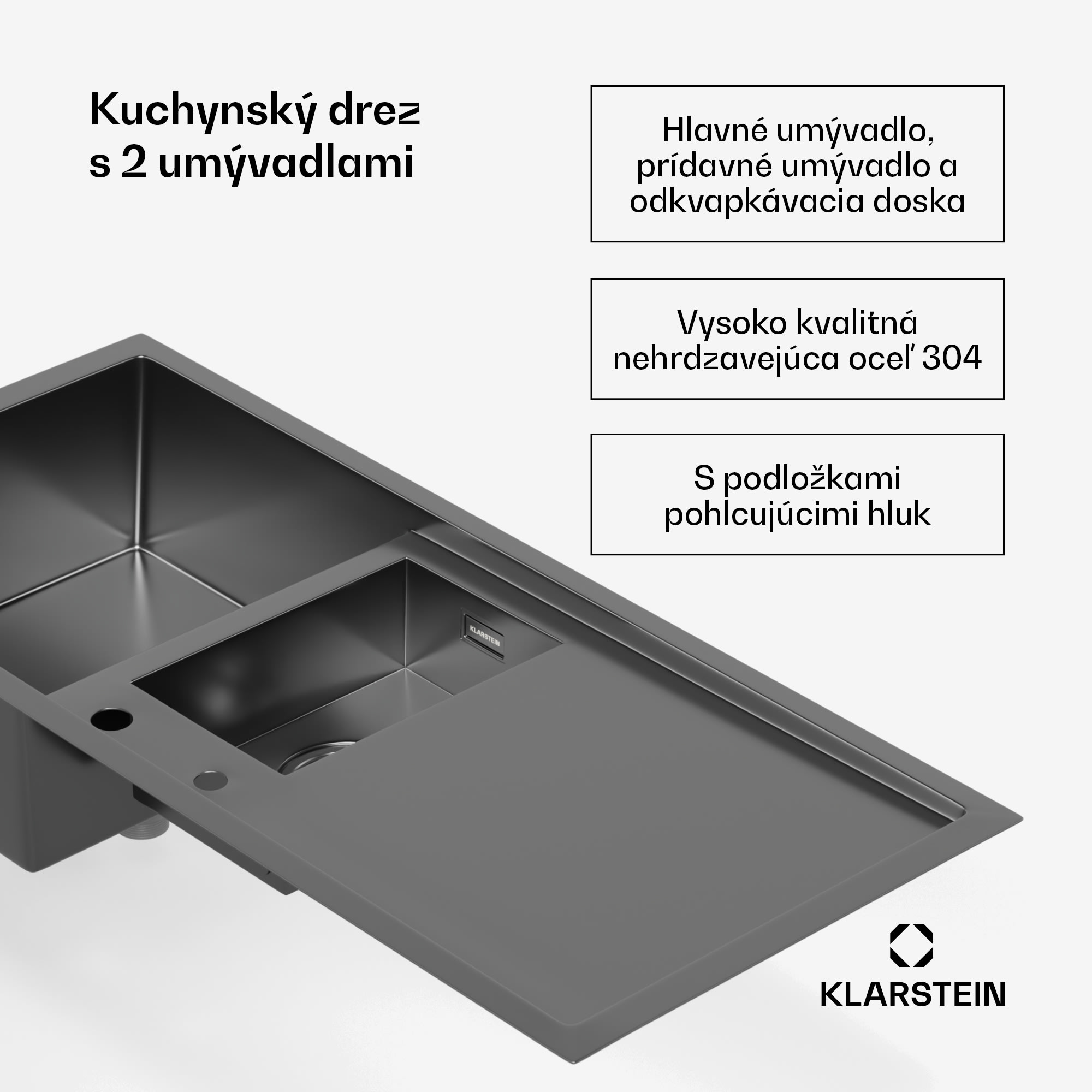 Klarstein TitanSteel kuchynský drez s odkvapkávačom, 100 x 45 cm, 2 umývadlá, nehrdzavejúca oceľ, odolný voči teplu