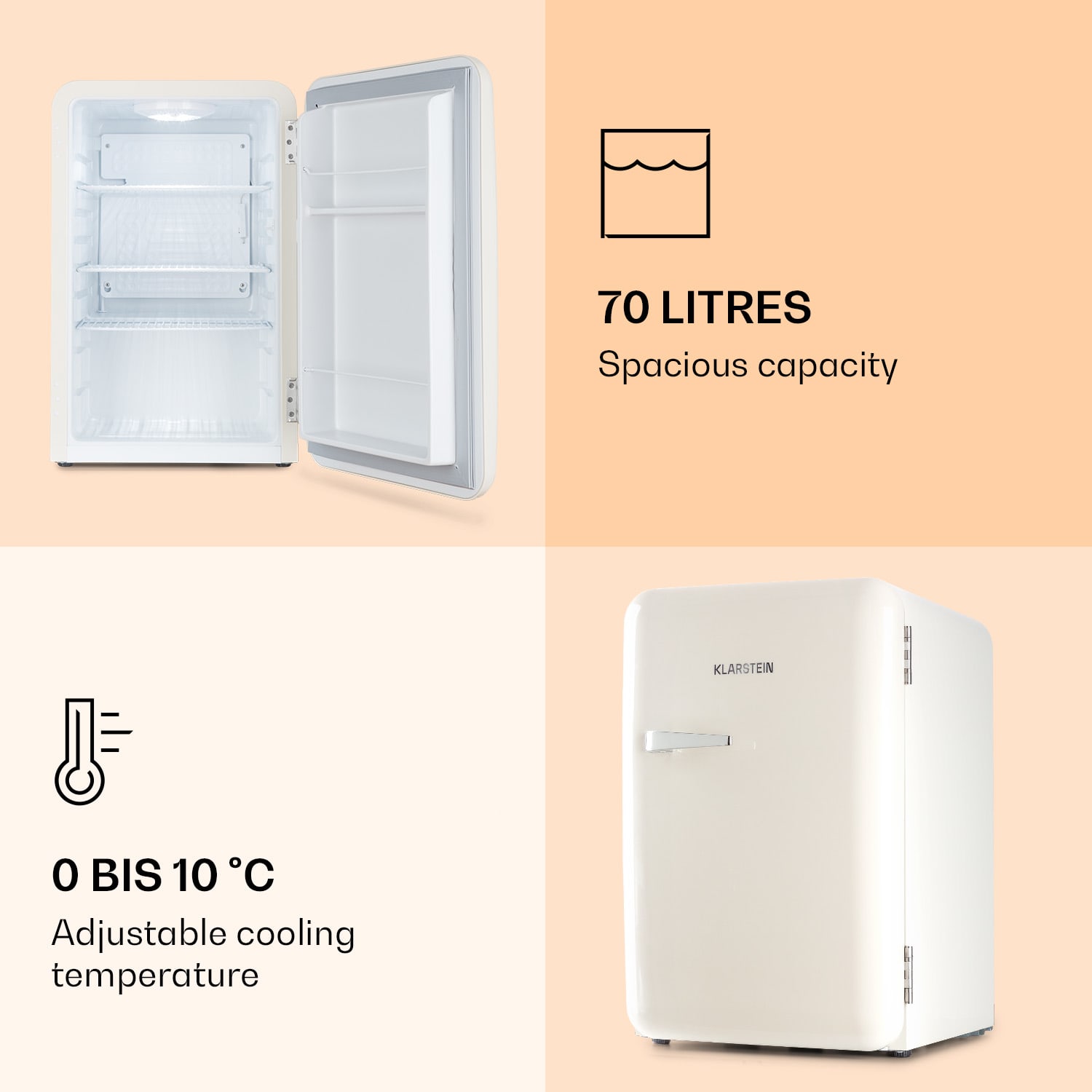 Klarstein Audrey, retro chladnička, 70 l, 3 police, 2 priehradky vo dverách, vnútorné osvetlenie – Obrázok 3