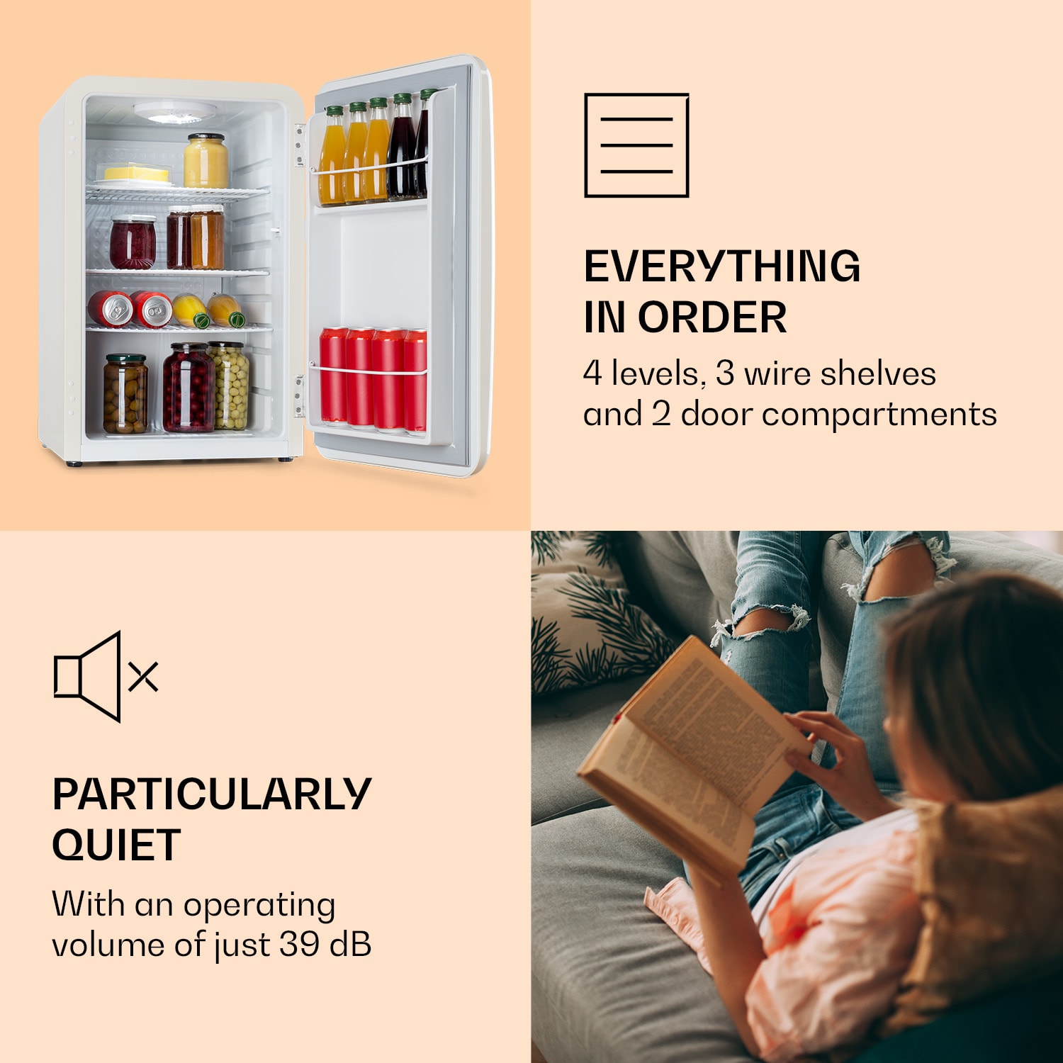 Klarstein Audrey, retro chladnička, 70 l, 3 police, 2 priehradky vo dverách, vnútorné osvetlenie – Obrázok 5