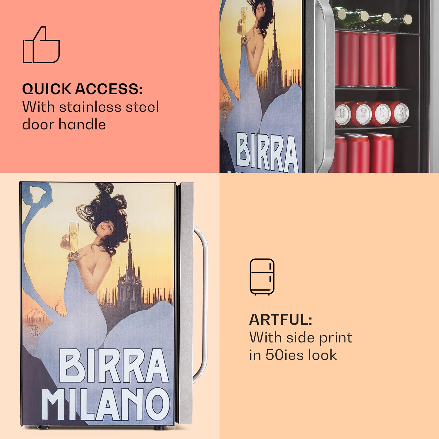 Klarstein Beersafe 70 Birra Milano Edition, chladnička, 70 litrov, 3 police, panoramatické sklenené dvere, nehrdzavejúca oceľ – Obrázok 3