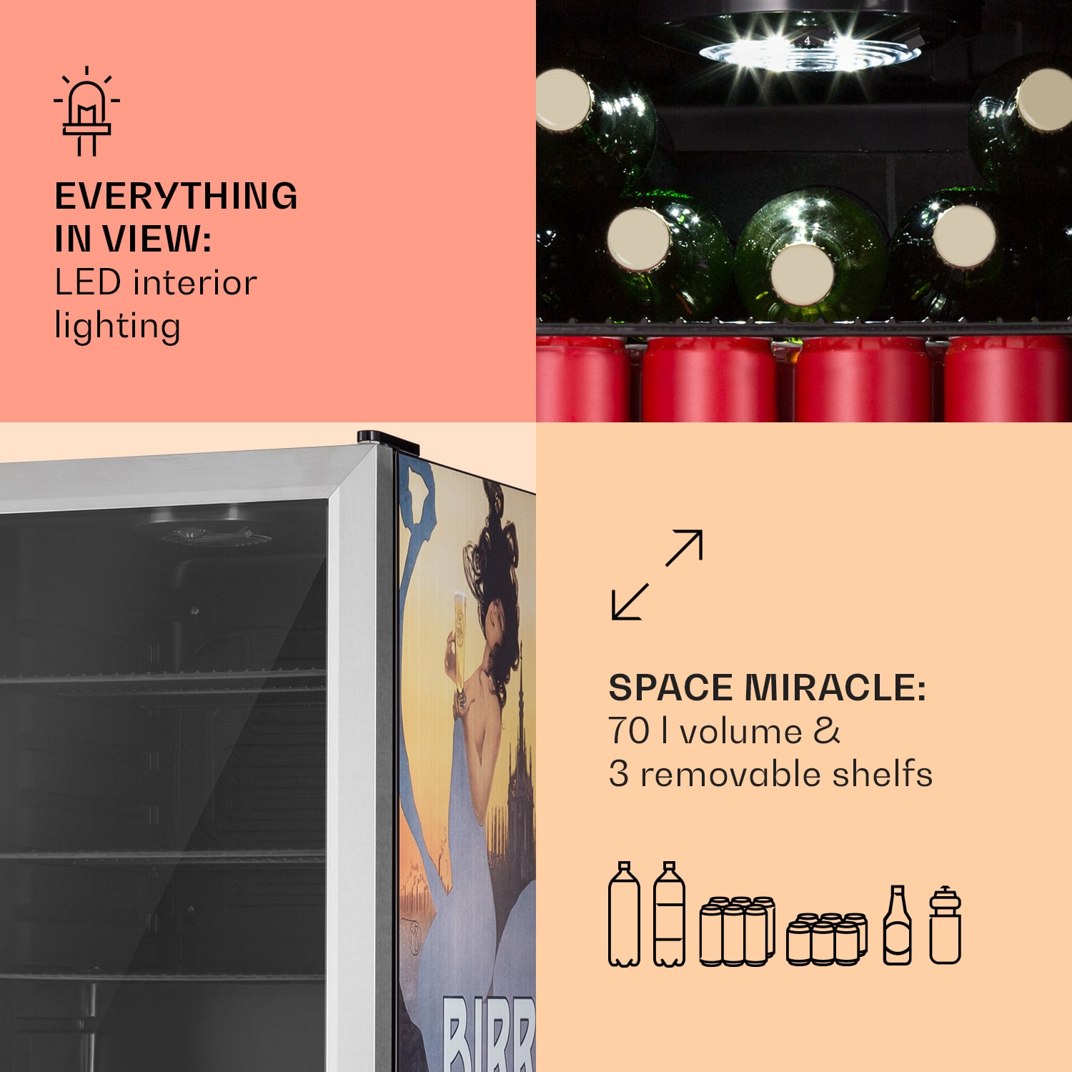 Klarstein Beersafe 70 Birra Milano Edition, chladnička, 70 litrov, 3 police, panoramatické sklenené dvere, nehrdzavejúca oceľ – Obrázok 4