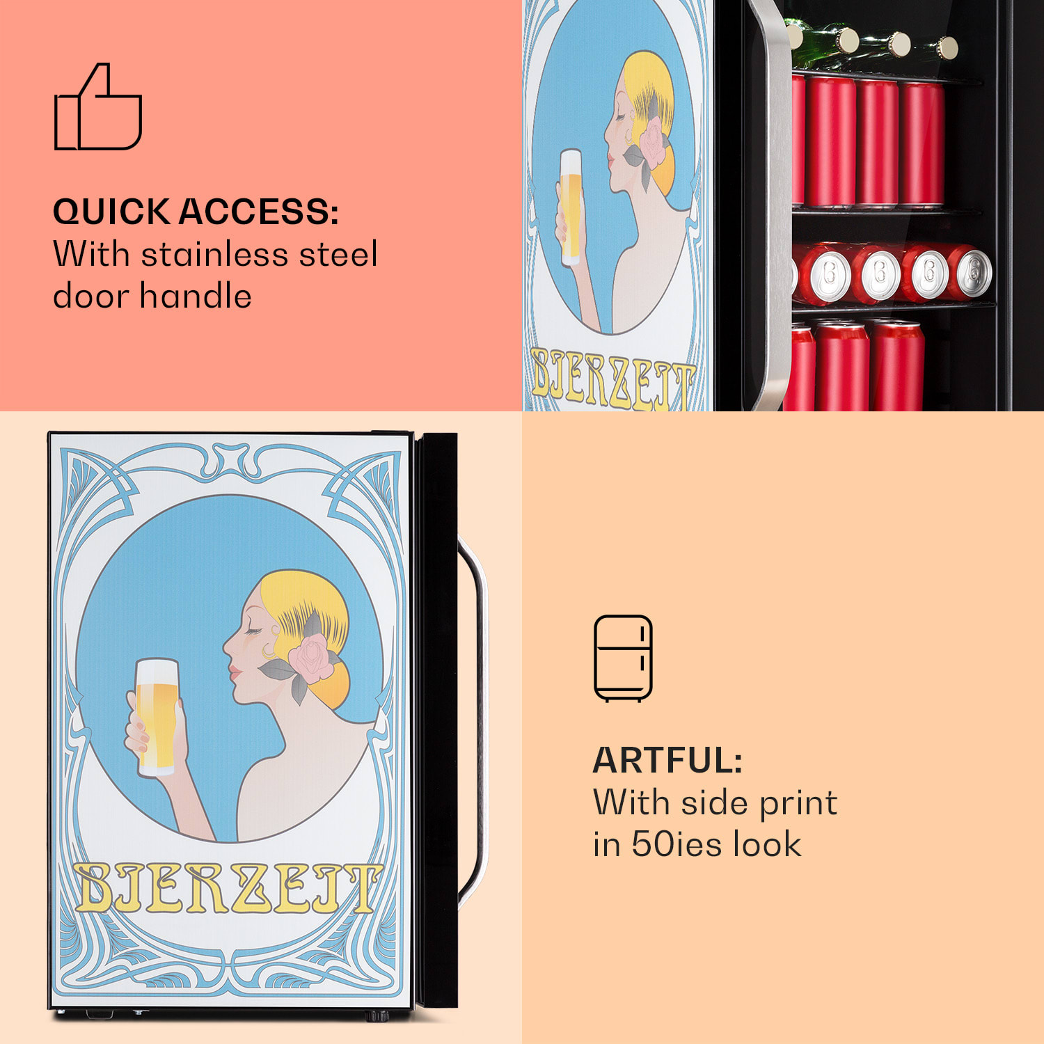 Klarstein Beersafe 70 Bierzeit Edition, chladnička, 70 litrov, 3 police, sklenené dvere, nehrdzavejúca oceľ – Obrázok 3