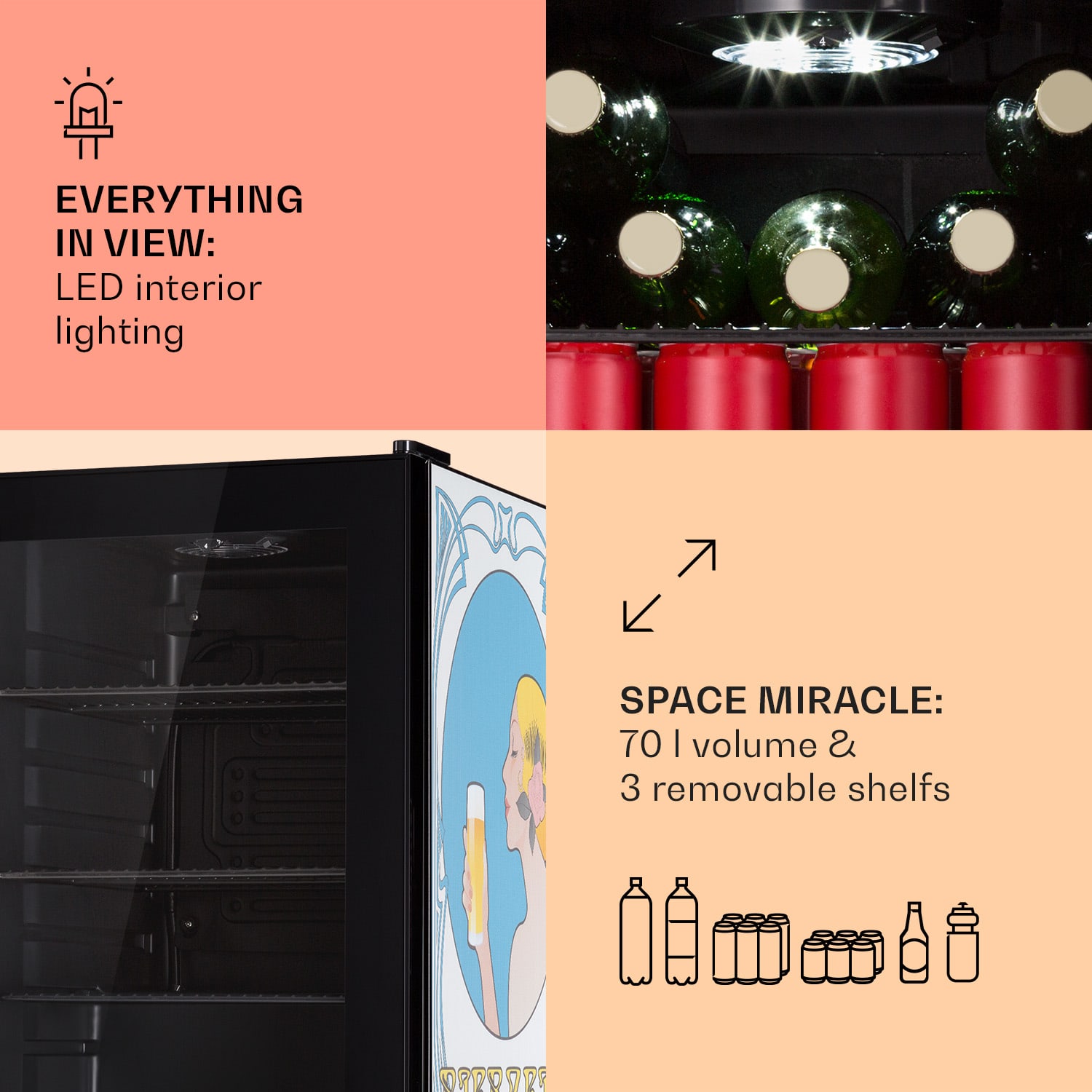 Klarstein Beersafe 70 Bierzeit Edition, chladnička, 70 litrov, 3 police, sklenené dvere, nehrdzavejúca oceľ – Obrázok 4