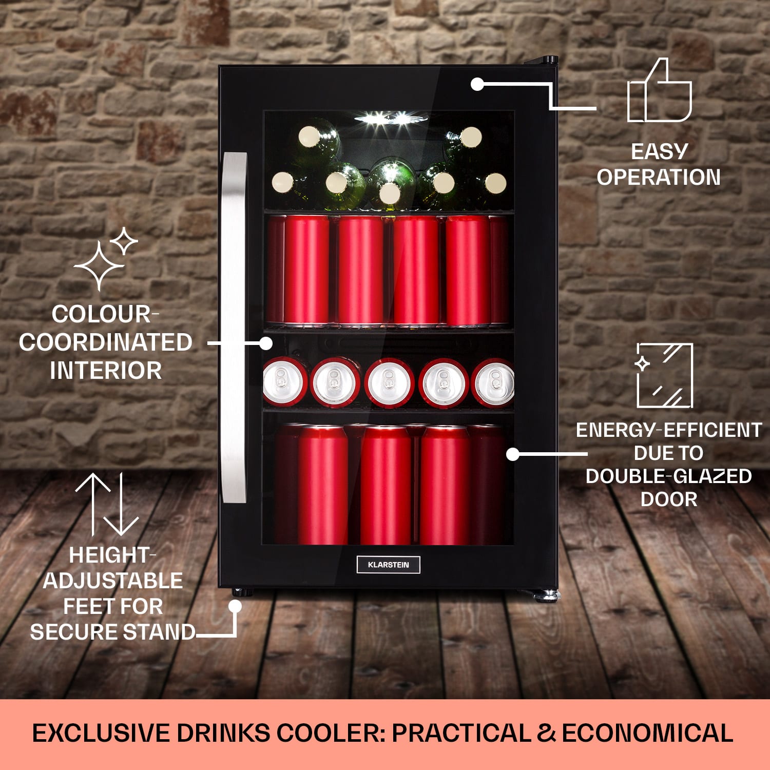 Klarstein Beersafe 70 Bierzeit Edition, chladnička, 70 litrov, 3 police, sklenené dvere, nehrdzavejúca oceľ – Obrázok 5