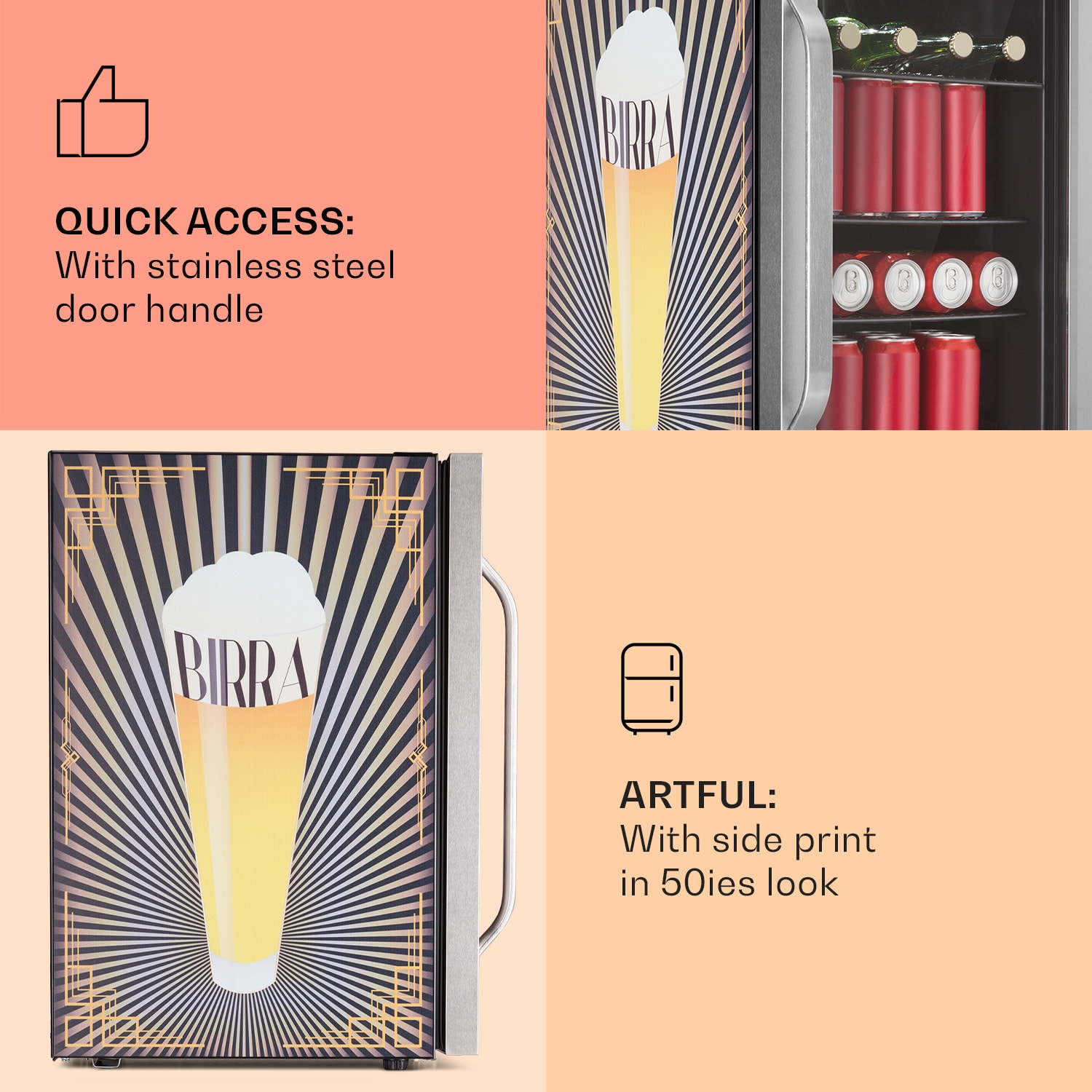 Klarstein Beersafe 70 Birra Edition, chladnička, 70 litrov, 3 police, sklenené dvere, nehrdzavejúca oceľ – Obrázok 3