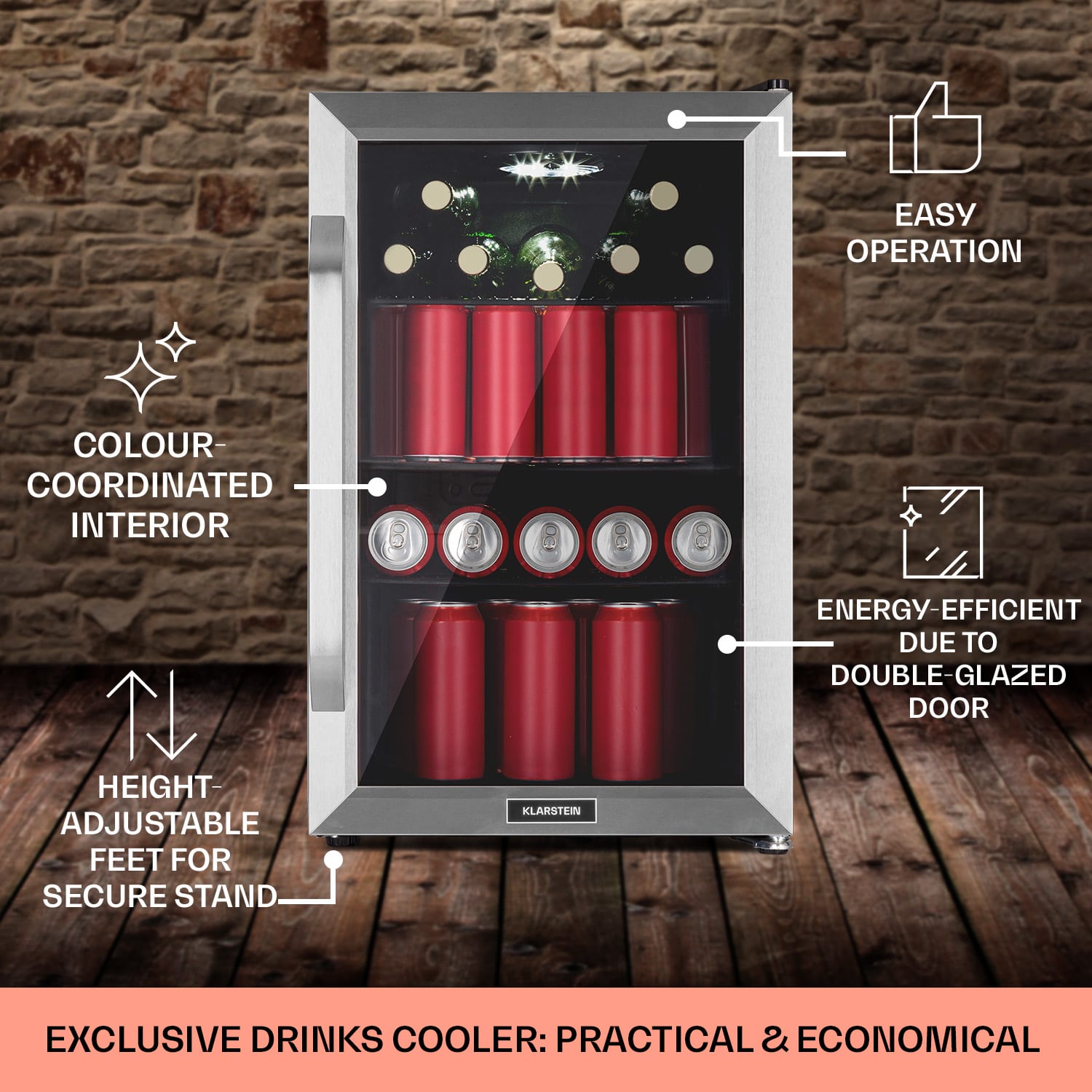 Klarstein Beersafe 70 Birra Edition, chladnička, 70 litrov, 3 police, sklenené dvere, nehrdzavejúca oceľ – Obrázok 5