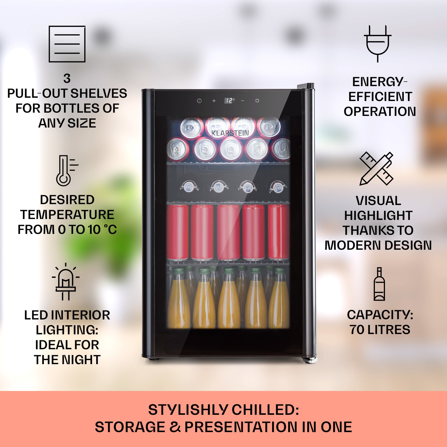 Klarstein Beercave 70, chladnička, 70 l, 3 police, trojito izolované sklenené dvere, dotyková