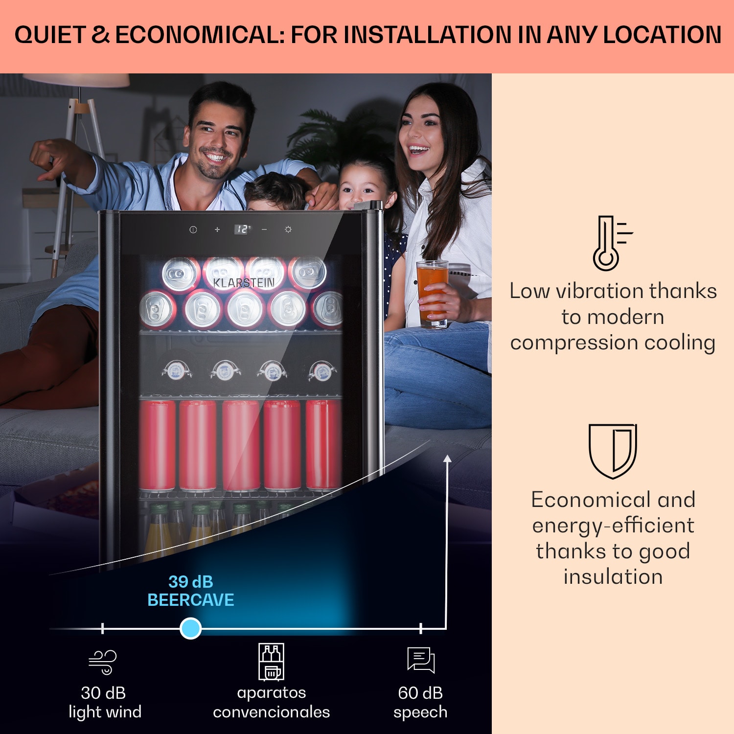 Klarstein Beercave 70, chladnička, 70 l, 3 police, trojito izolované sklenené dvere, dotyková – Obrázok 2