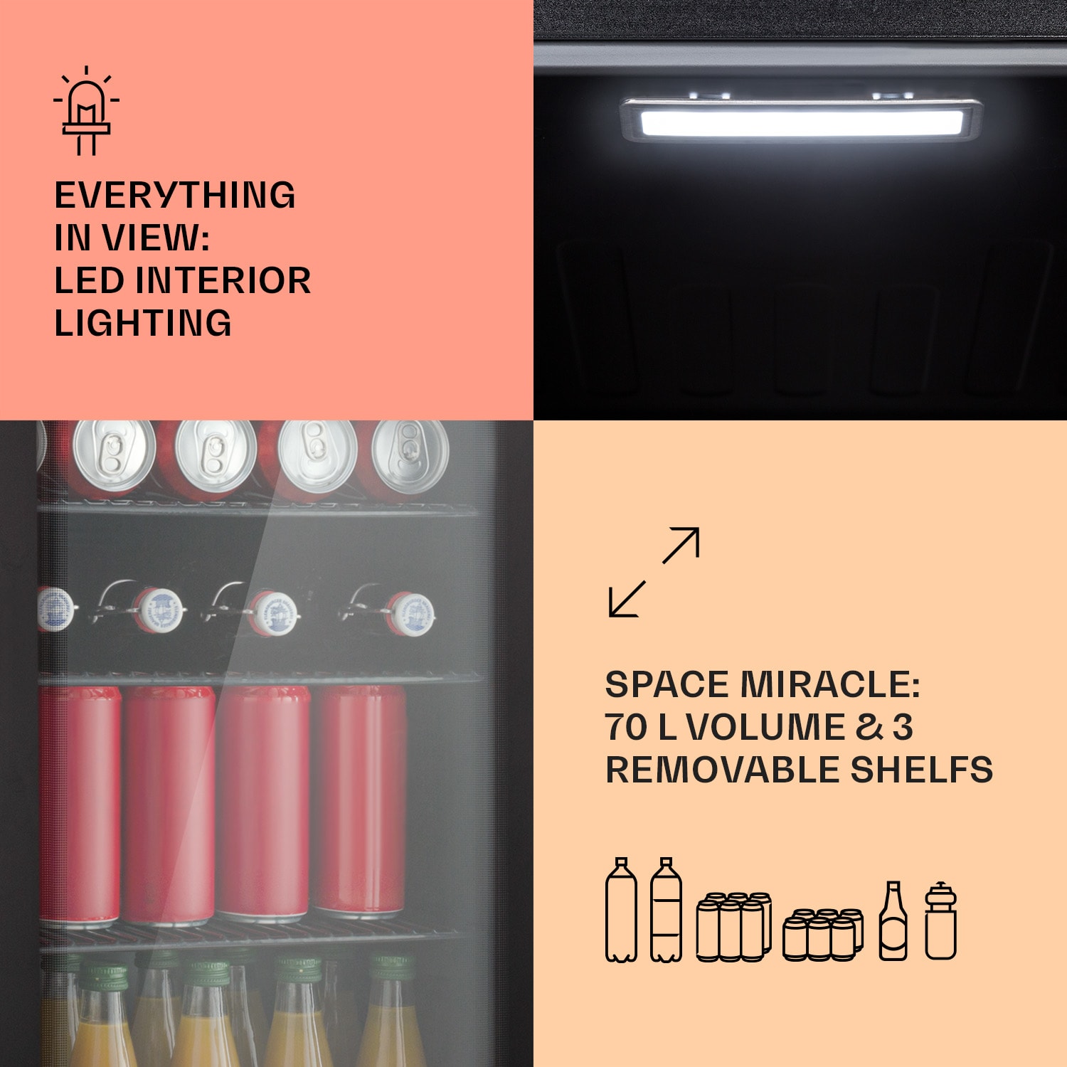 Klarstein Beercave 70, chladnička, 70 l, 3 police, trojito izolované sklenené dvere, dotyková – Obrázok 3