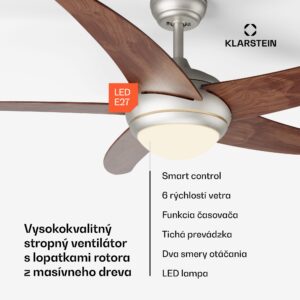 Klarstein Bolero 2 v 1 Smart, stropný ventilátor, Ø 132 cm, svetlo 55 W, diaľkové ovládanie, ovládanie cez aplikáciu, 2 smery chodu