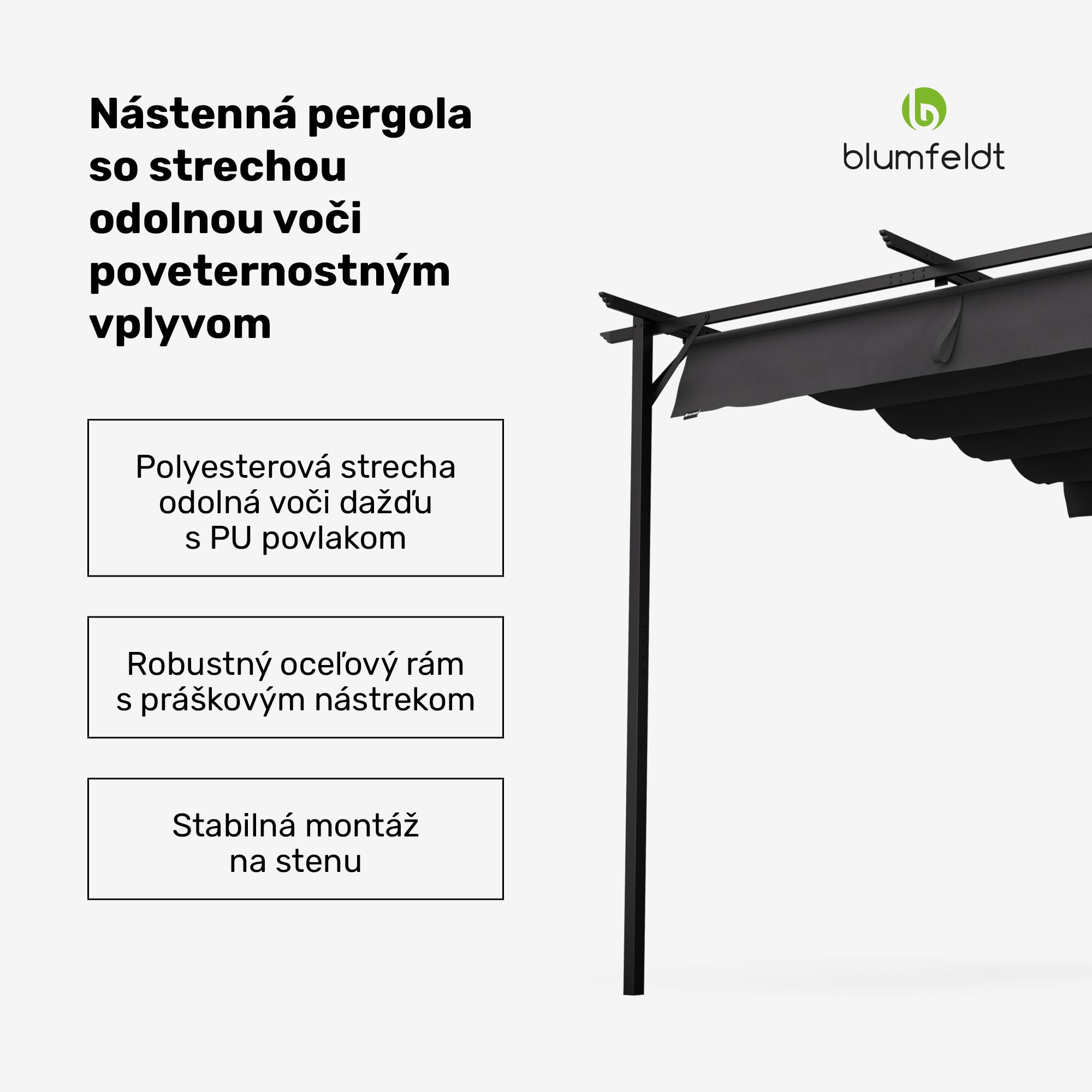 NA Blumfeldt Pantheon Wall Pergola, nástenná pergola, 3 x 3 m, práškovo lakovná oceľ, odolná voči poveternostným vplyvom