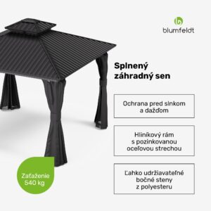 Blumfeldt ShadeFortress, altánok, 3 x 3 m, pozinkovaná oceľová strecha, chráni pred slnkom, dažďom a vetrom