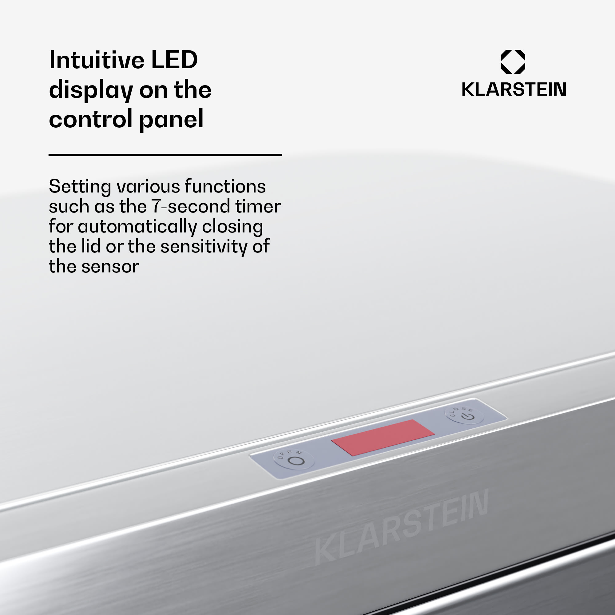 Klarstein Touchless, senzorový odpadkový kôš, 50 l, z nehrdzavejúcej ocele, Soft-Close zatváranie, napájaný batériou, LED displej, časovač – Obrázok 3