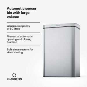 Klarstein Touchless, senzorový odpadkový kôš, 60 l, z nehrdzavejúcej ocele, Soft-Close zatváranie, napájaný batériou, LED displej, časovač