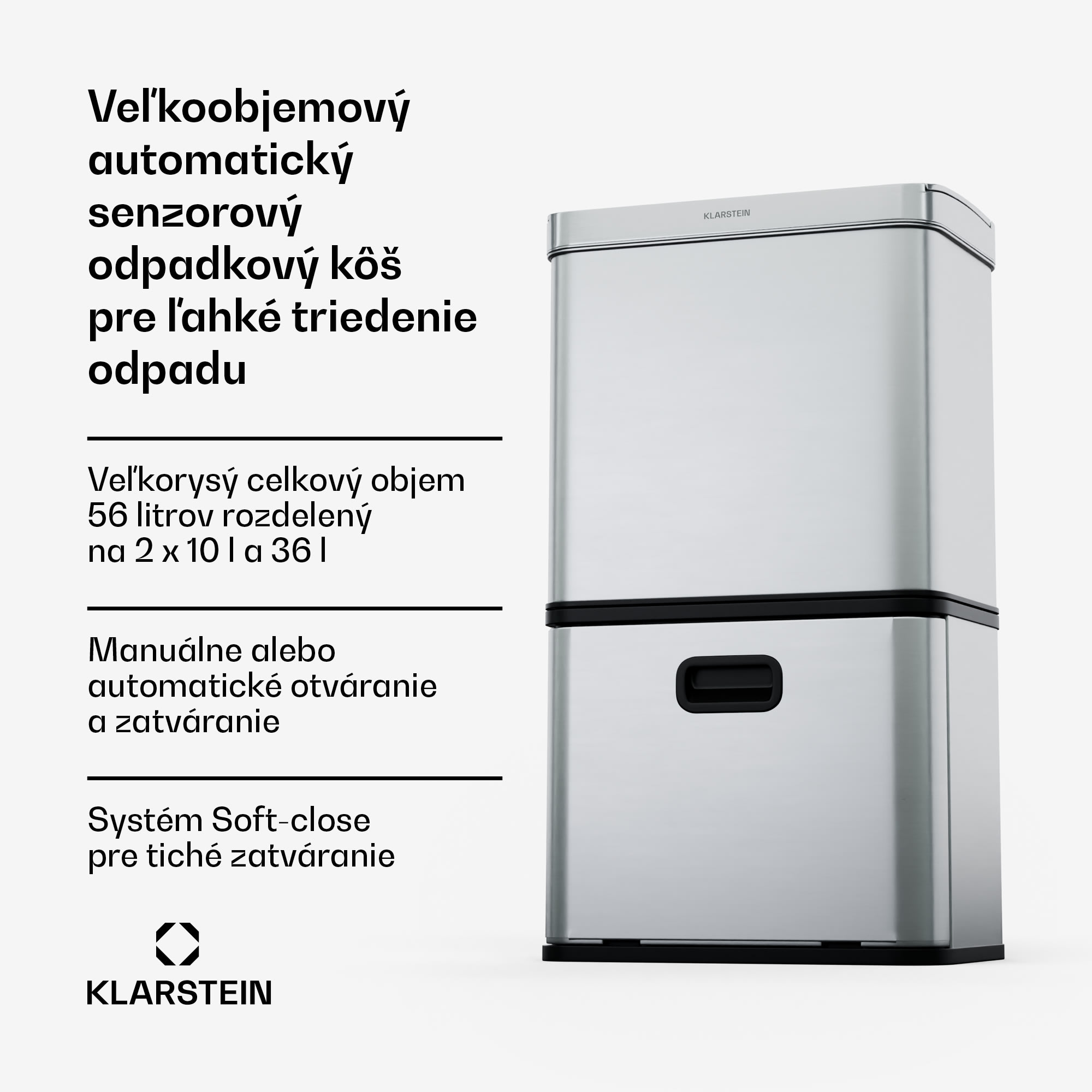 Klarstein Touchless, senzorový odpadkový kôš, 56 l, z nehrdzavejúcej ocele, 3 koše, Soft-Close zatváranie, napájaný batériou, LED displej, časovač