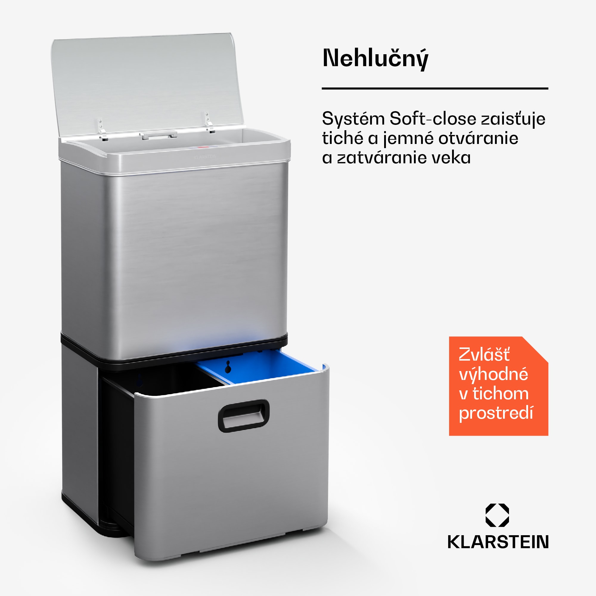 Klarstein Touchless, senzorový odpadkový kôš, 56 l, z nehrdzavejúcej ocele, 3 koše, Soft-Close zatváranie, napájaný batériou, LED displej, časovač – Obrázok 3