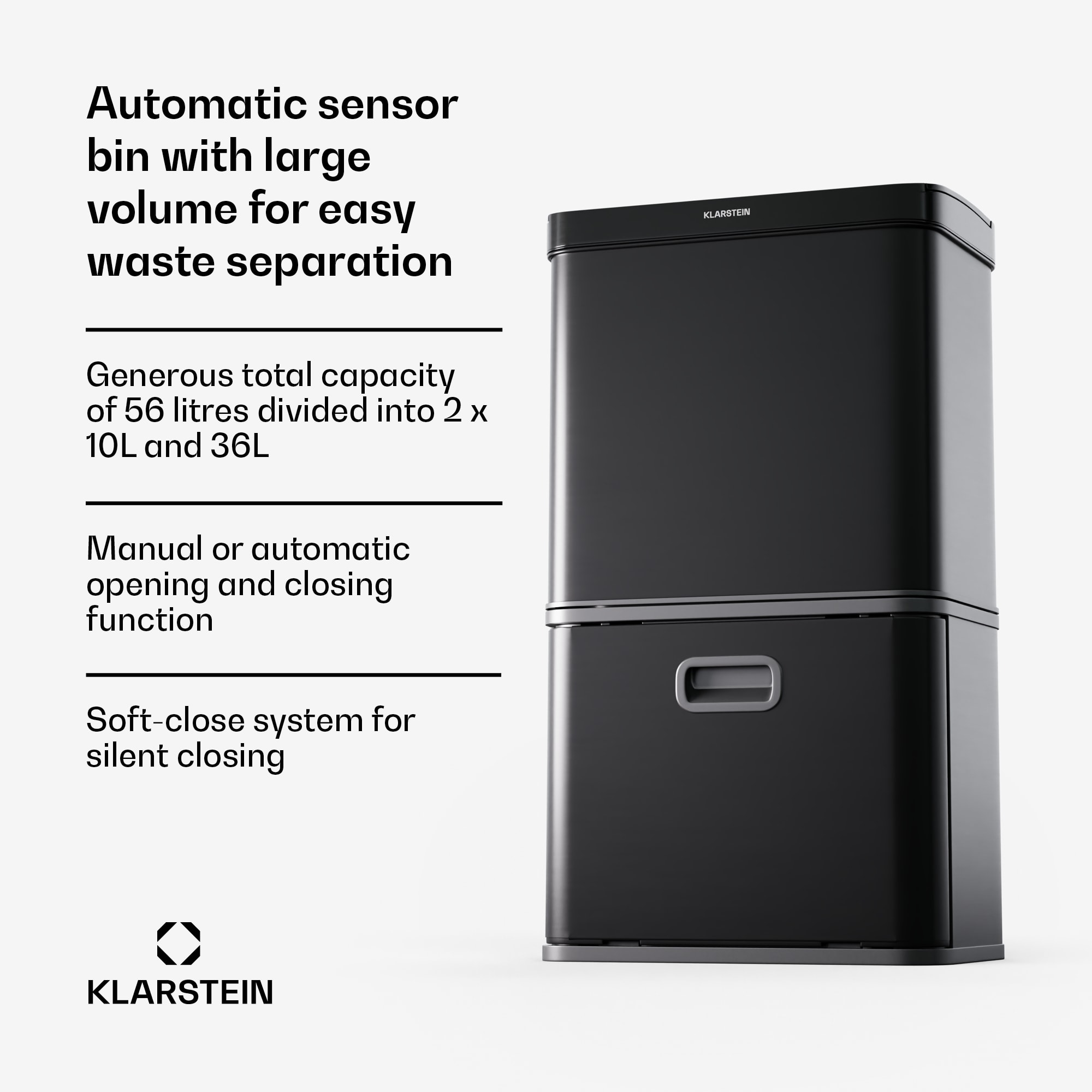 Klarstein Touchless, senzorový odpadkový kôš, 56 l, z nehrdzavejúcej ocele, 3 koše, Soft-Close zatváranie, napájaný batériou, LED displej, časovač