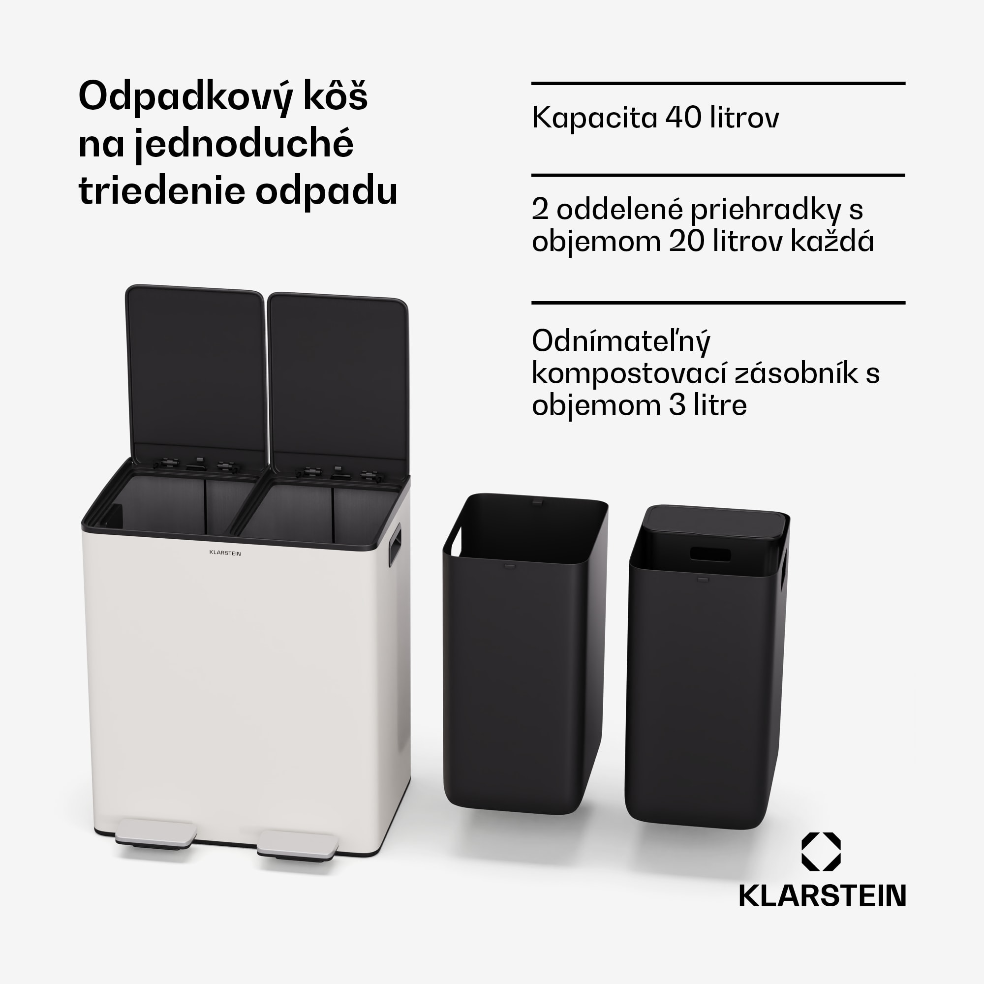 Klarstein EcoVista, odpadkový kôš s kompostérom, 40 l + 3 l/kôš + kompostér, Soft-Close – Obrázok 2