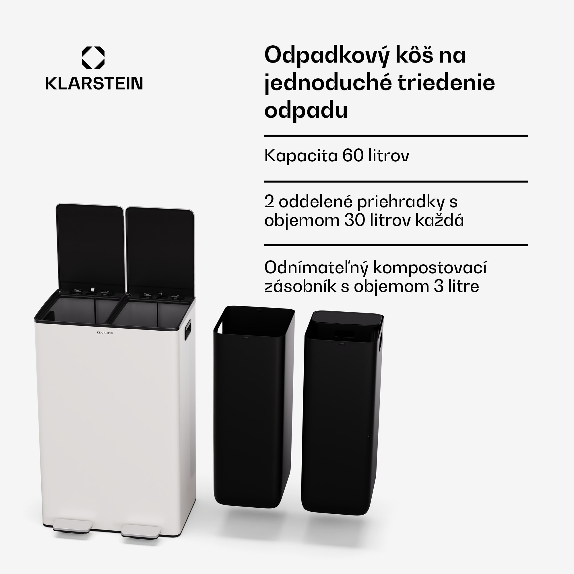 Klarstein EcoVista, odpadkový kôš s kompostérom, 60 l + 3 l/kôš + kompostér, Soft-Close – Obrázok 2
