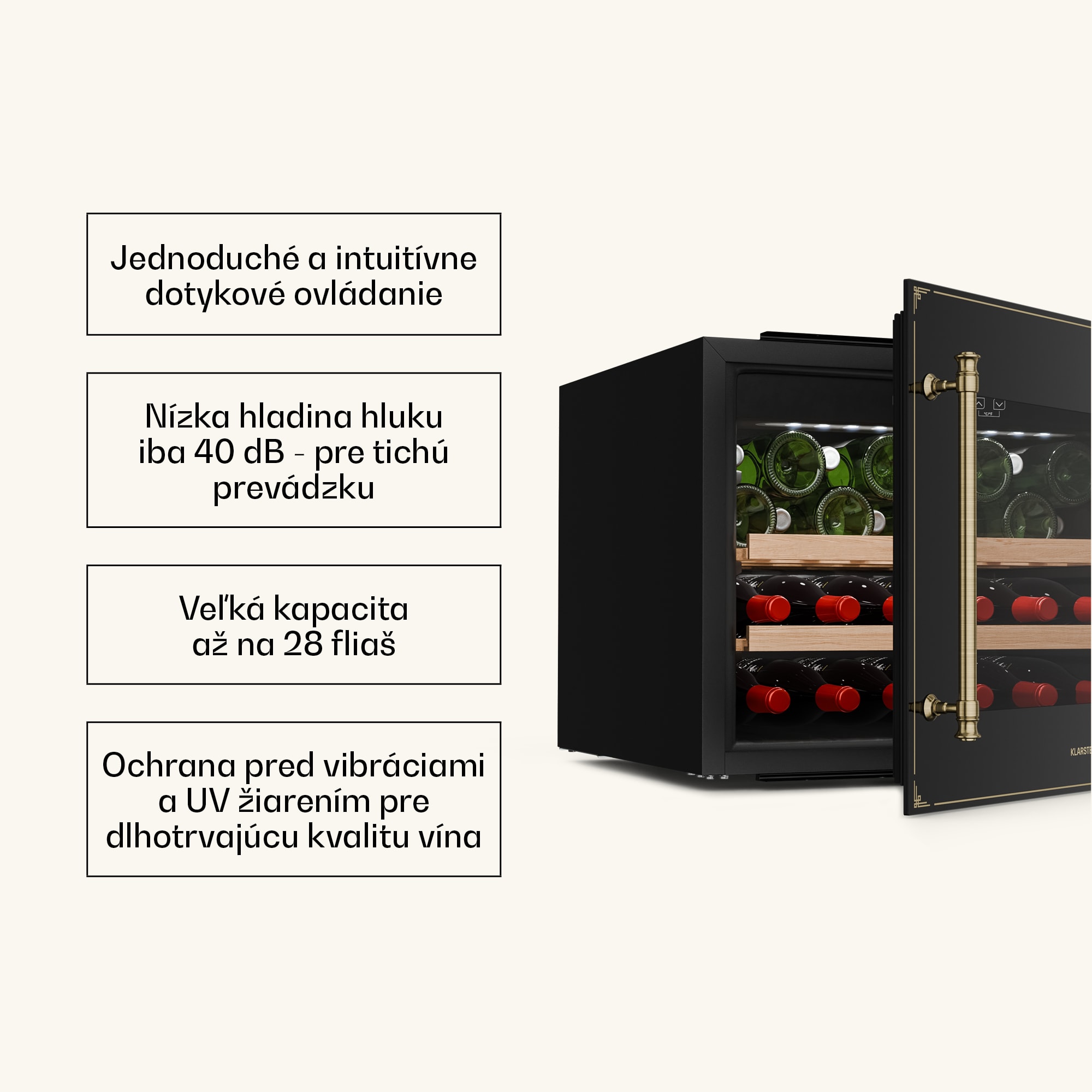 Klarstein Vinsider Victoria 28 chladnička na víno, 28 fliaš, dotyková, UV ochrana, LED, tichá, 2 police – Obrázok 4