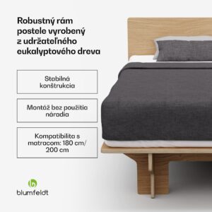 Blumfeldt NordicAura King rám manželskej postele, 180 cm x 200 cm, robustný, bez náradia, eukalyptové drevo, polička