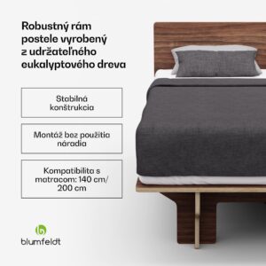 Blumfeldt NordicAura Double rám manželskej postele, 140 cm x 200 cm, robustný, bez náradia, eukalyptové drevo, polička