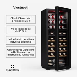 Klarstein Bovella 36 Duo+ chladnička na víno, 2 v 1, 36 fliaš, 2 zóny, 7 políc, Dotykové ovládanie