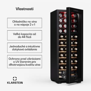 Klarstein Bovella 44 Duo+ chladnička na víno, 2 v 1, 44 fliaš, 2 zóny, 9 políc, Dotykové ovládanie